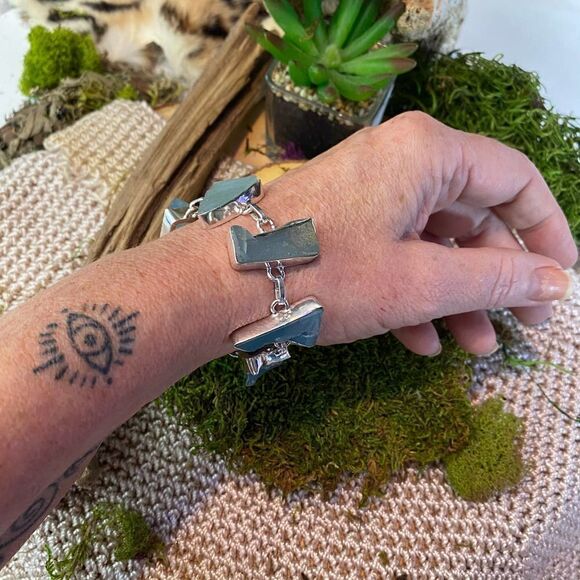 Rough Aqua Chalcedony Gemstone Sterling Silver Toggle Bracelet - Picture 3 of 5